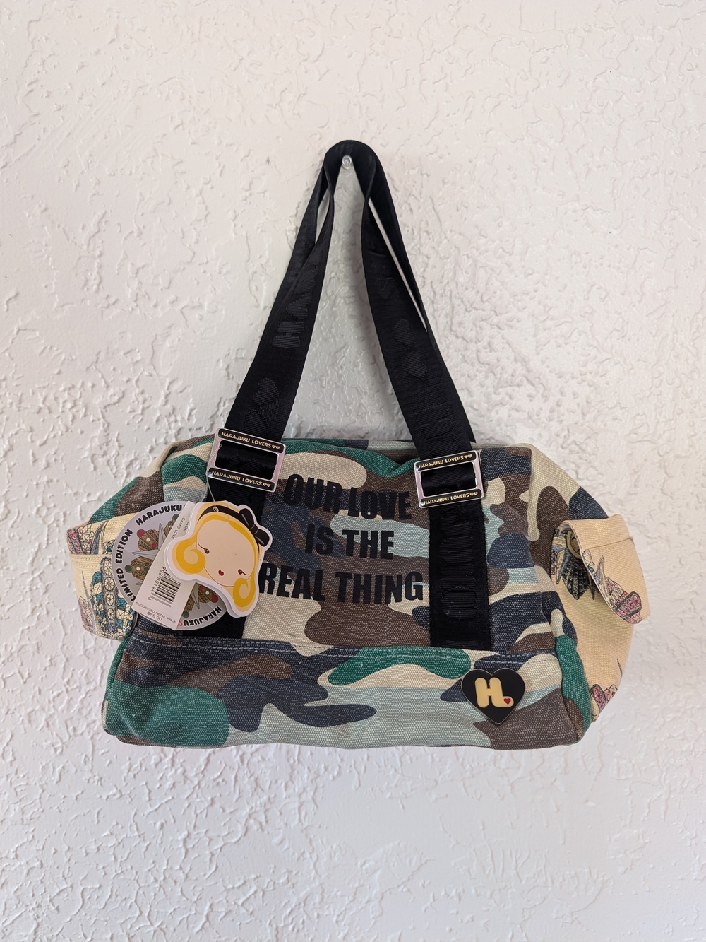 NWT Y2K Harajuku Lovers Camouflage Canvas Shoulder Bag - Green Camo